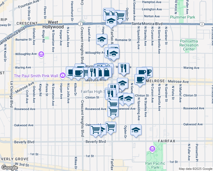 map of restaurants, bars, coffee shops, grocery stores, and more near 647 North Fairfax Avenue in Los Angeles