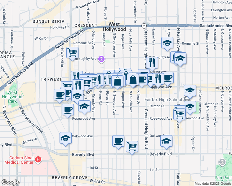 map of restaurants, bars, coffee shops, grocery stores, and more near 649 North Harper Avenue in Los Angeles