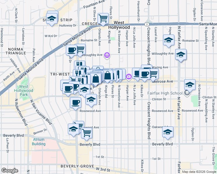 map of restaurants, bars, coffee shops, grocery stores, and more near 631 Kings Road in West Hollywood