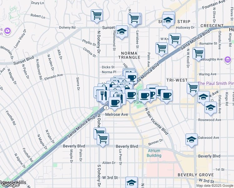 map of restaurants, bars, coffee shops, grocery stores, and more near 9013 North Santa Monica Boulevard in West Hollywood