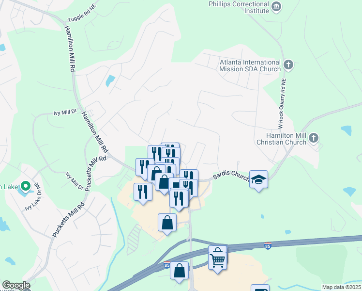 map of restaurants, bars, coffee shops, grocery stores, and more near 3421 Sardis Bend Drive in Buford