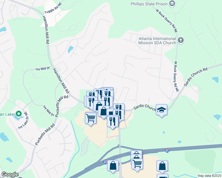 map of restaurants, bars, coffee shops, grocery stores, and more near 3393 Sardis Bend Drive in Buford