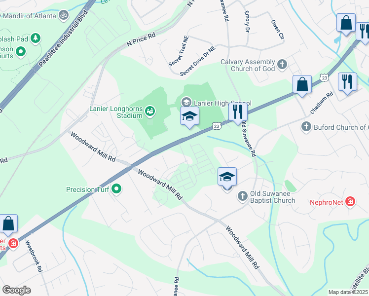 map of restaurants, bars, coffee shops, grocery stores, and more near Millcroft Place in Buford
