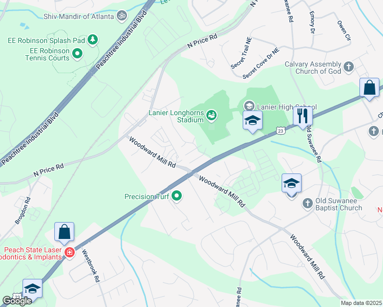 map of restaurants, bars, coffee shops, grocery stores, and more near 845 Atwood Lane in Buford
