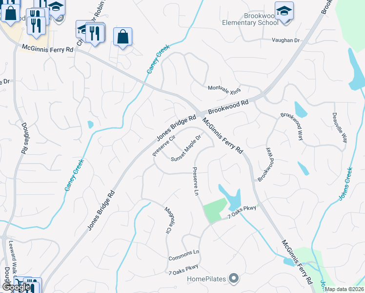 map of restaurants, bars, coffee shops, grocery stores, and more near 12535 Sunset Maple Way in Alpharetta