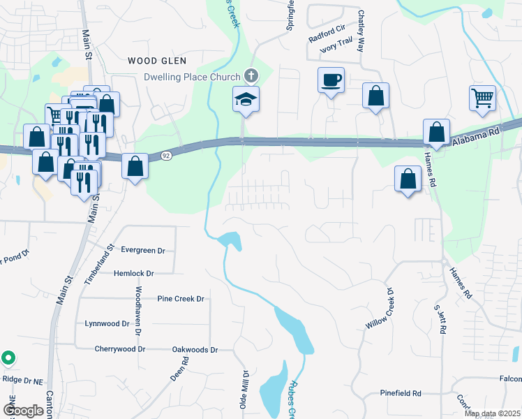 map of restaurants, bars, coffee shops, grocery stores, and more near 682 Bedford Court in Woodstock