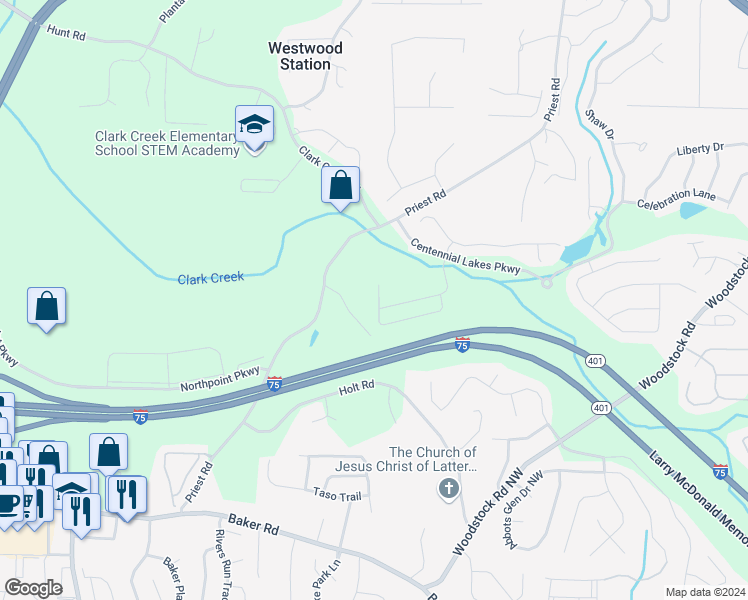 map of restaurants, bars, coffee shops, grocery stores, and more near 244 Madison Avenue in Acworth