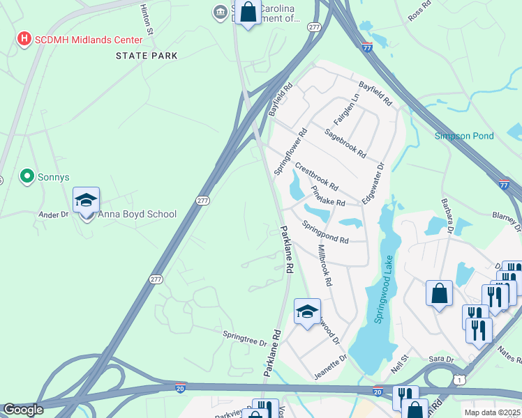 map of restaurants, bars, coffee shops, grocery stores, and more near 7811 Parklane Road in Columbia