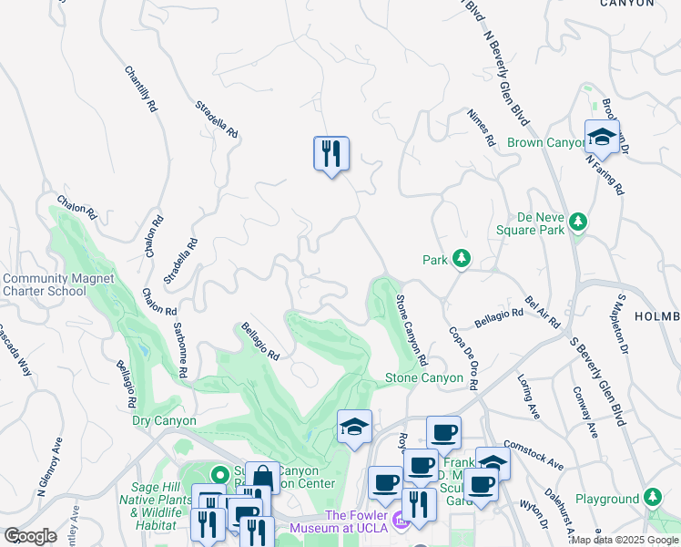 map of restaurants, bars, coffee shops, grocery stores, and more near 642 Siena Way in Los Angeles