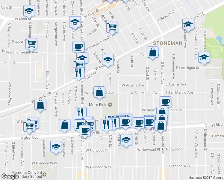 map of restaurants, bars, coffee shops, grocery stores, and more near 832 South 7th Street in Alhambra