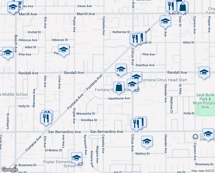 map of restaurants, bars, coffee shops, grocery stores, and more near 15957 Randall Avenue in Fontana