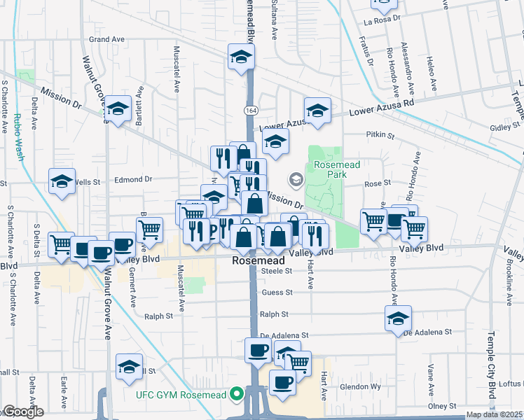 map of restaurants, bars, coffee shops, grocery stores, and more near 9017 Newby Avenue in Rosemead