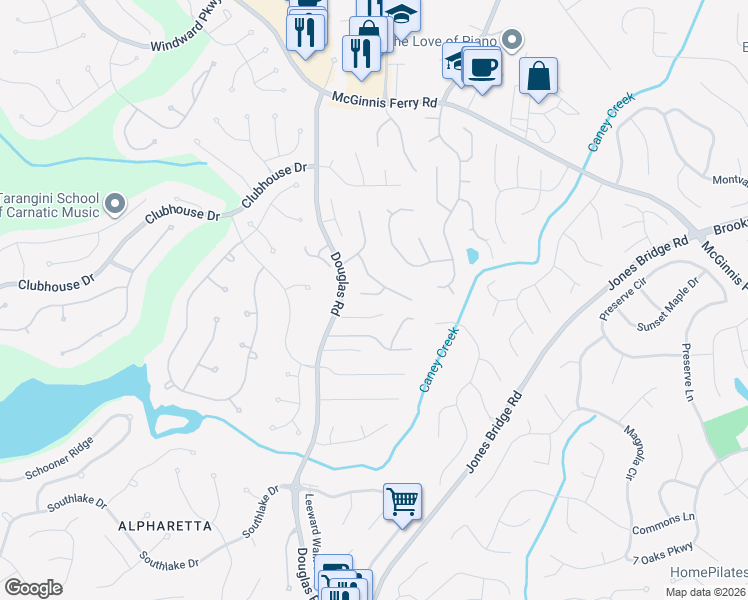 map of restaurants, bars, coffee shops, grocery stores, and more near 515 Huntington Downs in Alpharetta