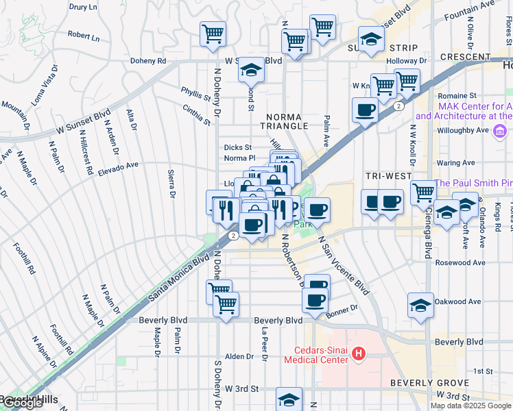 map of restaurants, bars, coffee shops, grocery stores, and more near 9001 Santa Monica Boulevard in West Hollywood