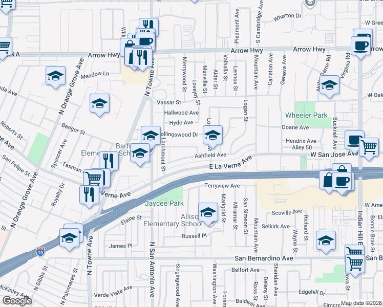 map of restaurants, bars, coffee shops, grocery stores, and more near 937 Ashfield Avenue in Pomona