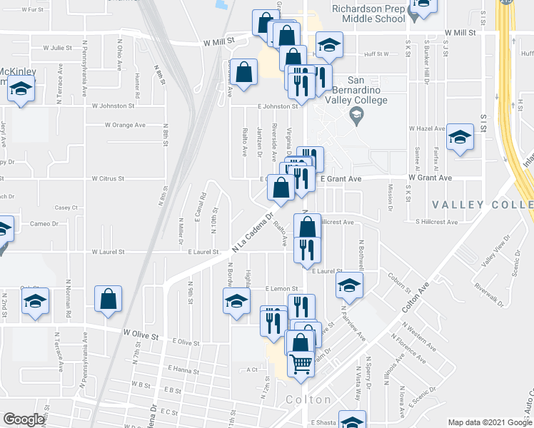 map of restaurants, bars, coffee shops, grocery stores, and more near Rialto Avenue in Colton