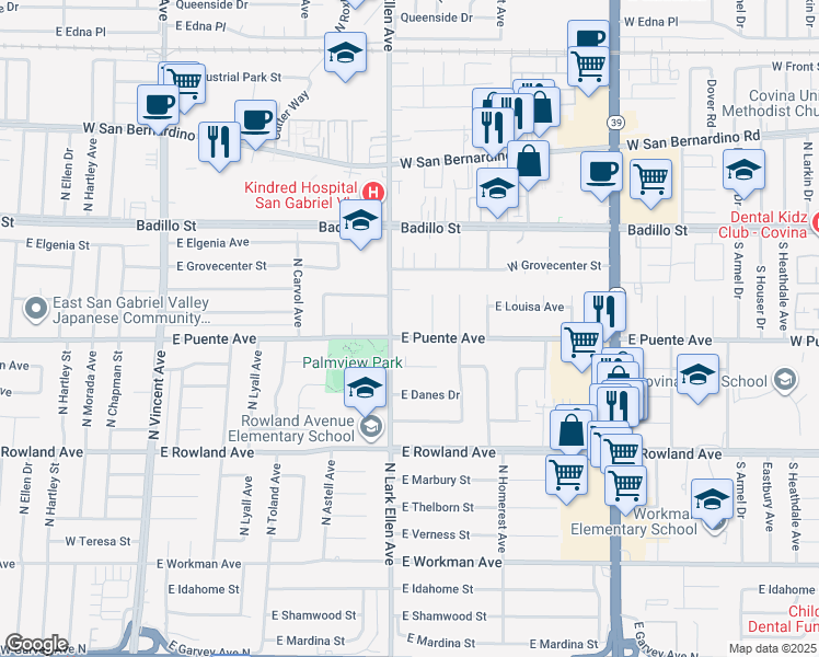map of restaurants, bars, coffee shops, grocery stores, and more near 1405 East Puente Avenue in West Covina