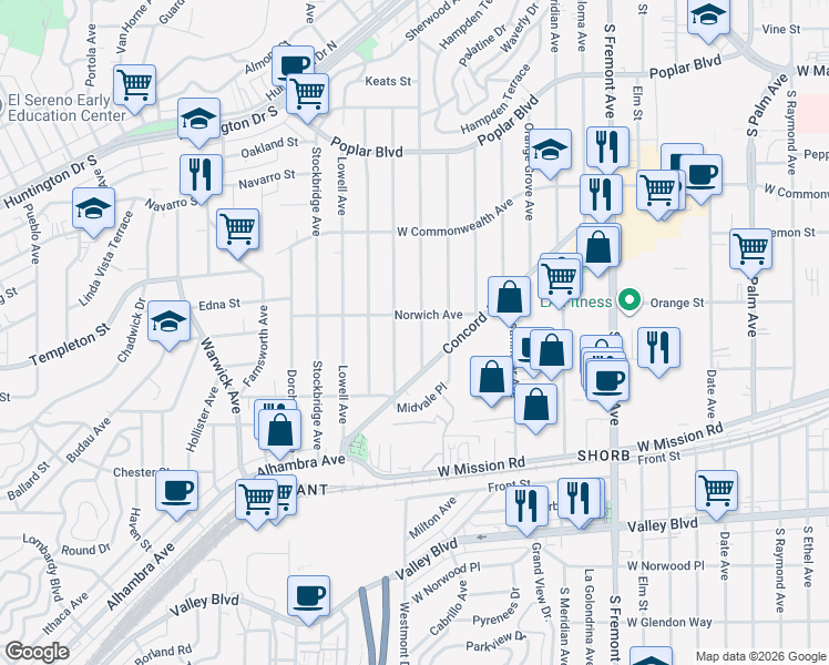 map of restaurants, bars, coffee shops, grocery stores, and more near 919 Westmont Drive in Alhambra