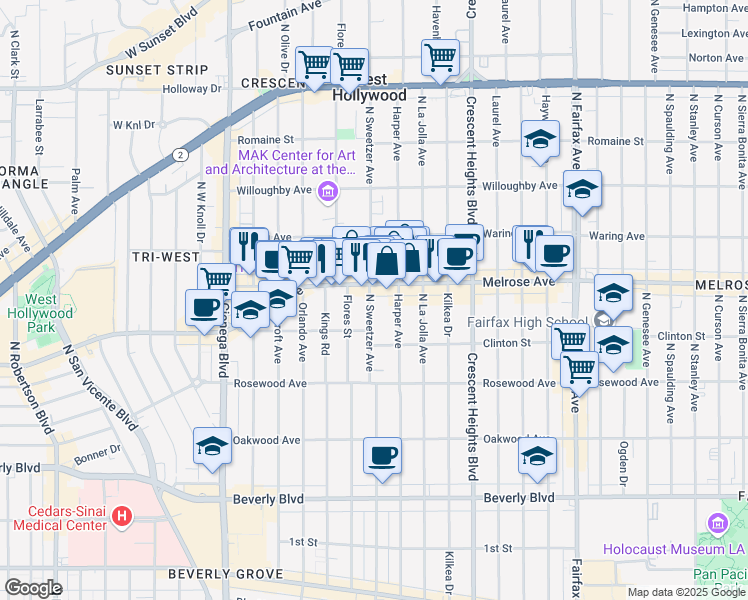 map of restaurants, bars, coffee shops, grocery stores, and more near 649 North Harper Avenue in Los Angeles