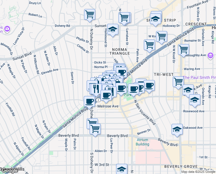 map of restaurants, bars, coffee shops, grocery stores, and more near 9001 Santa Monica Boulevard in West Hollywood