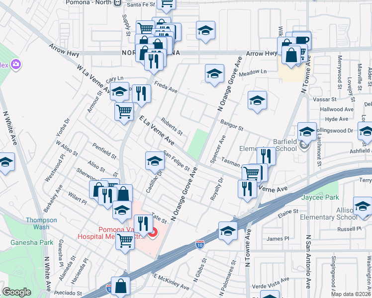 map of restaurants, bars, coffee shops, grocery stores, and more near 2102 Victoria Way in Pomona