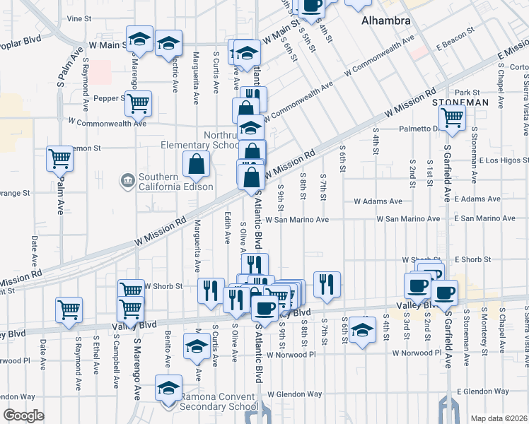 map of restaurants, bars, coffee shops, grocery stores, and more near 812 South Atlantic Boulevard in Alhambra