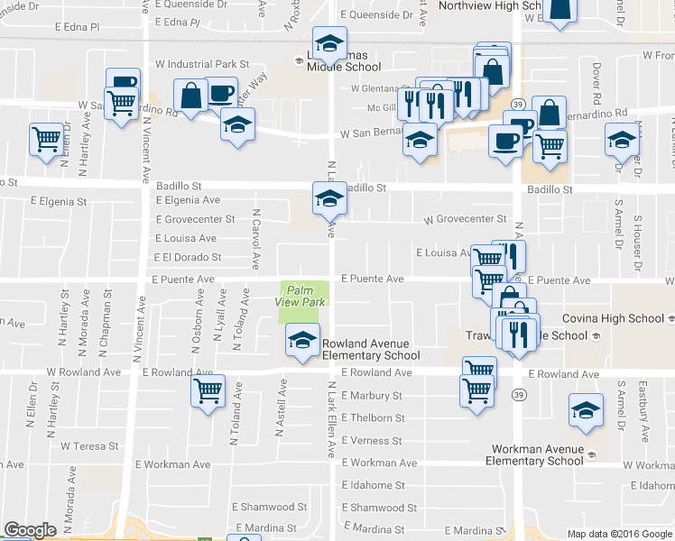 map of restaurants, bars, coffee shops, grocery stores, and more near 1405 East Puente Avenue in West Covina