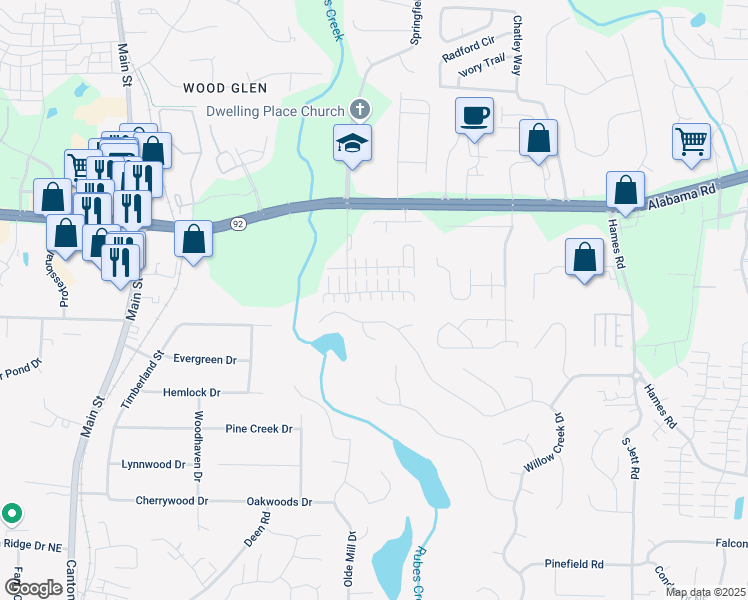 map of restaurants, bars, coffee shops, grocery stores, and more near 682 Bedford Court in Woodstock