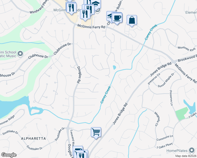 map of restaurants, bars, coffee shops, grocery stores, and more near 12485 Huntington Trace Lane in Alpharetta