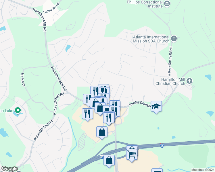 map of restaurants, bars, coffee shops, grocery stores, and more near 3393 Sardis Bend Drive in Buford