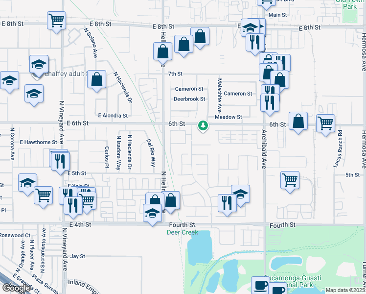 map of restaurants, bars, coffee shops, grocery stores, and more near 9383 Biscayne Drive in Rancho Cucamonga