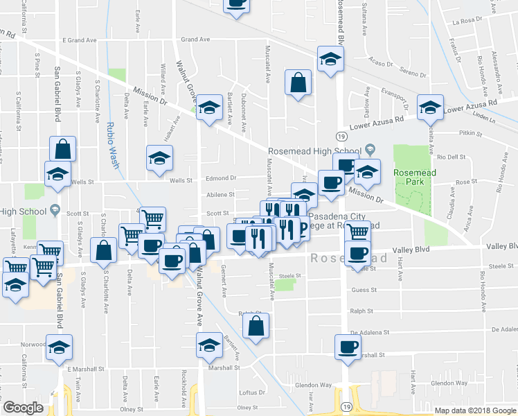 map of restaurants, bars, coffee shops, grocery stores, and more near 8743 Scott Street in Rosemead
