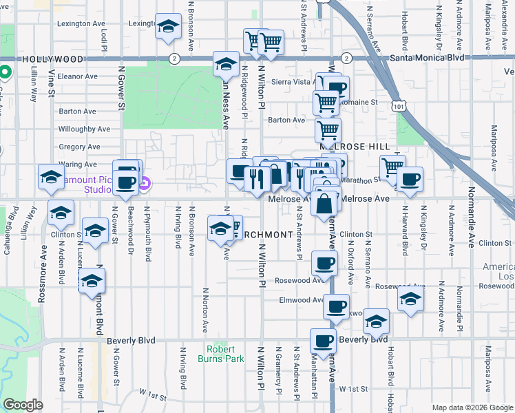 map of restaurants, bars, coffee shops, grocery stores, and more near in Los Angeles