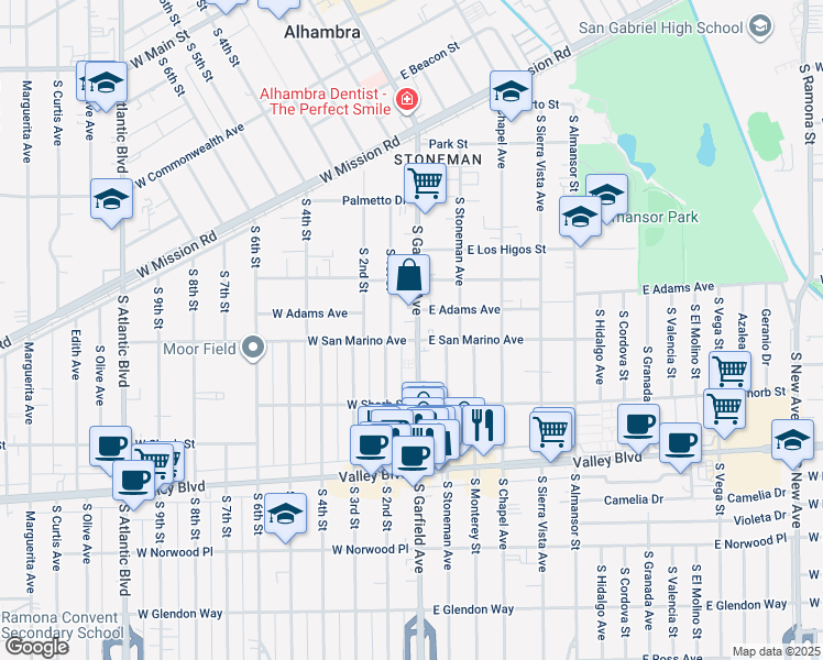 map of restaurants, bars, coffee shops, grocery stores, and more near 1041 South Garfield Avenue in Alhambra