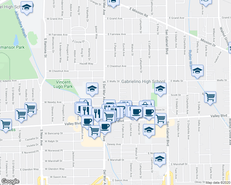 map of restaurants, bars, coffee shops, grocery stores, and more near 1401 South Palm Avenue in San Gabriel