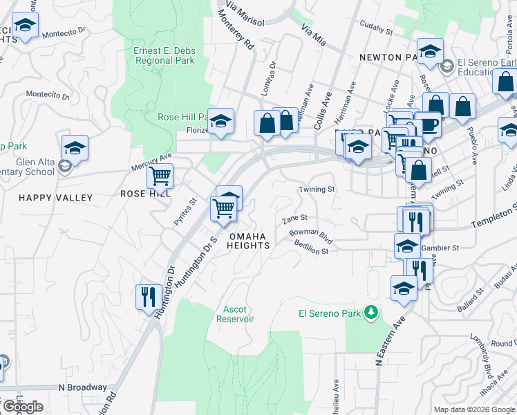 map of restaurants, bars, coffee shops, grocery stores, and more near 4759 Topaz Street in Los Angeles