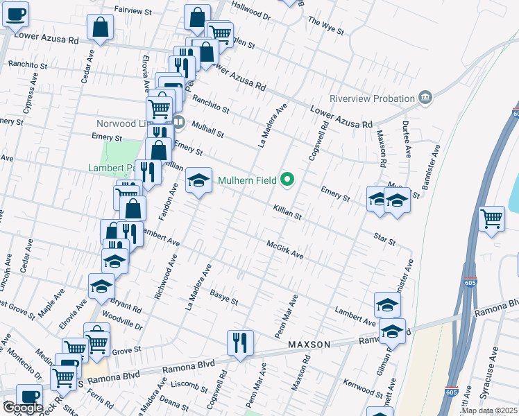 map of restaurants, bars, coffee shops, grocery stores, and more near 11836 Killian Street in El Monte