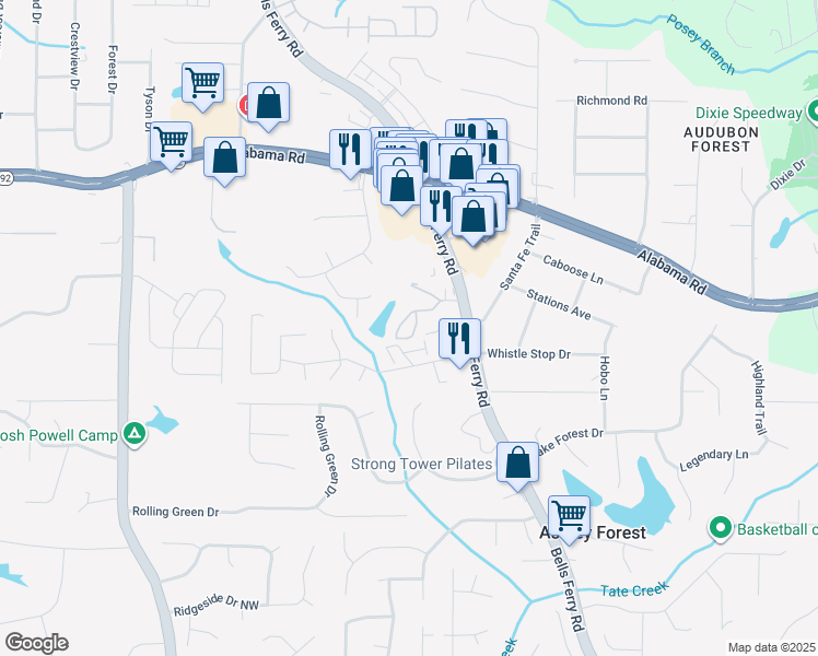 map of restaurants, bars, coffee shops, grocery stores, and more near 220 Waldan Circle in Acworth