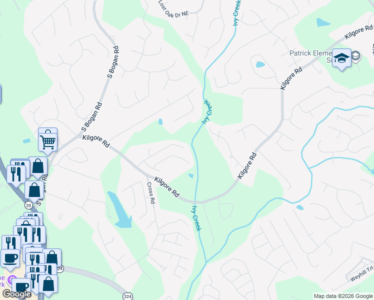 map of restaurants, bars, coffee shops, grocery stores, and more near 2449 White Alder Drive Northeast in Buford