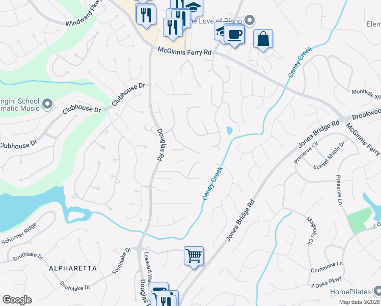 map of restaurants, bars, coffee shops, grocery stores, and more near 12484 Huntington Trace in Alpharetta