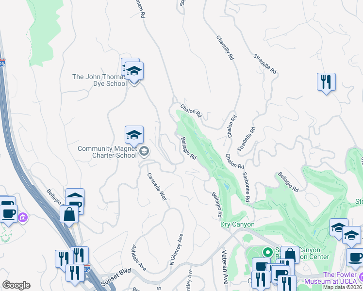 map of restaurants, bars, coffee shops, grocery stores, and more near 11010 Chalon Road in Los Angeles