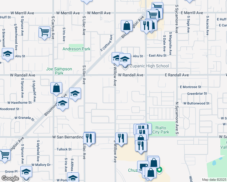 map of restaurants, bars, coffee shops, grocery stores, and more near 1010 South Willow Avenue in Rialto