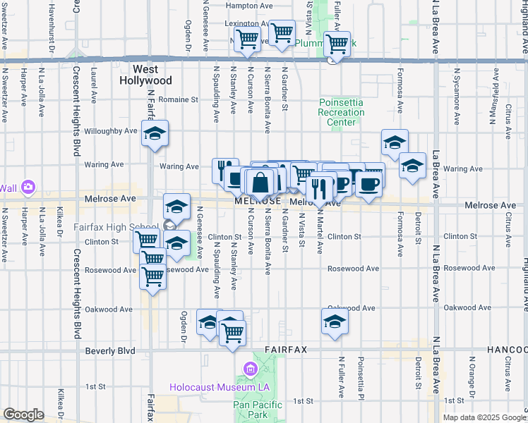 map of restaurants, bars, coffee shops, grocery stores, and more near 645 North Sierra Bonita Avenue in Los Angeles