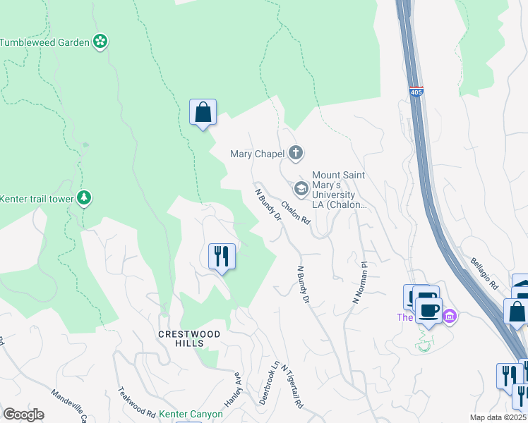 map of restaurants, bars, coffee shops, grocery stores, and more near 1401 North Bundy Drive in Los Angeles