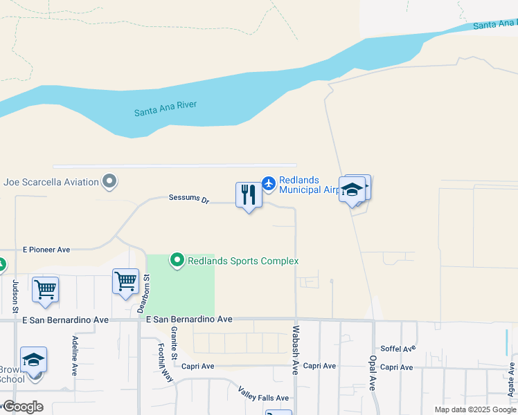 map of restaurants, bars, coffee shops, grocery stores, and more near 1730 Sessums Drive in Redlands