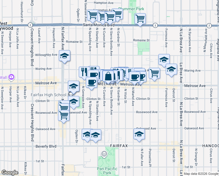 map of restaurants, bars, coffee shops, grocery stores, and more near 645 North Sierra Bonita Avenue in Los Angeles