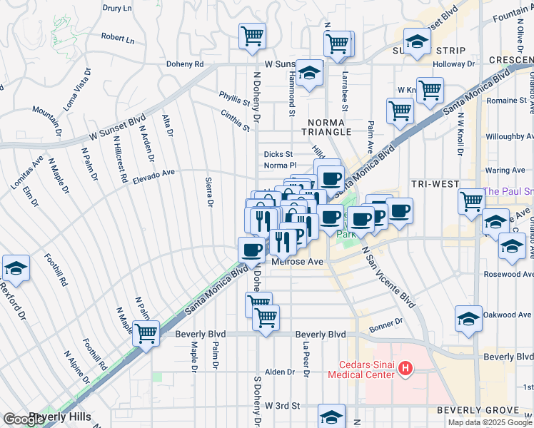map of restaurants, bars, coffee shops, grocery stores, and more near 702 North Doheny Drive in West Hollywood