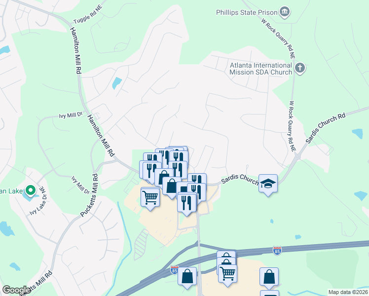 map of restaurants, bars, coffee shops, grocery stores, and more near 3393 Sardis Bend Drive in Buford
