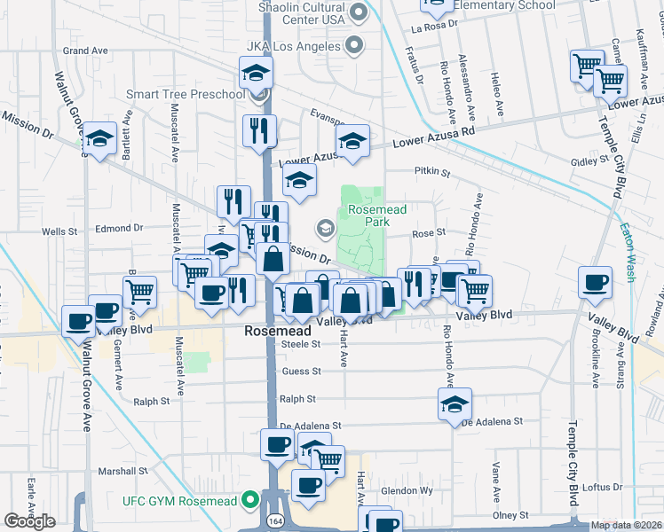 map of restaurants, bars, coffee shops, grocery stores, and more near 9118 Mission Drive in Rosemead