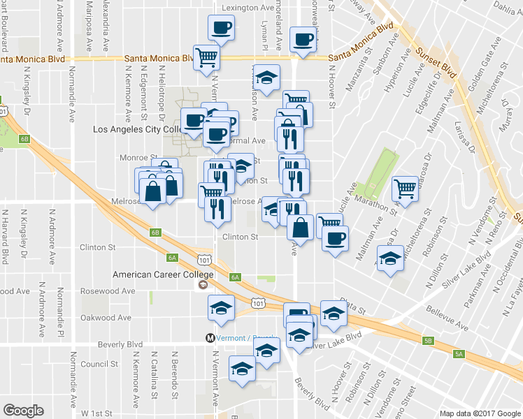 map of restaurants, bars, coffee shops, grocery stores, and more near in Los Angeles